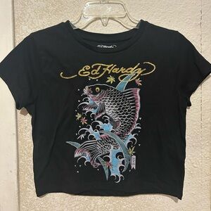 Ed Hardy Black Tee with Colorful Fish Design